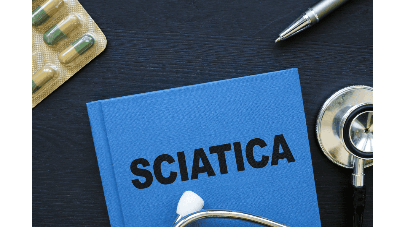 Medical concept showing sciatica diagnosis with stethoscope and medication